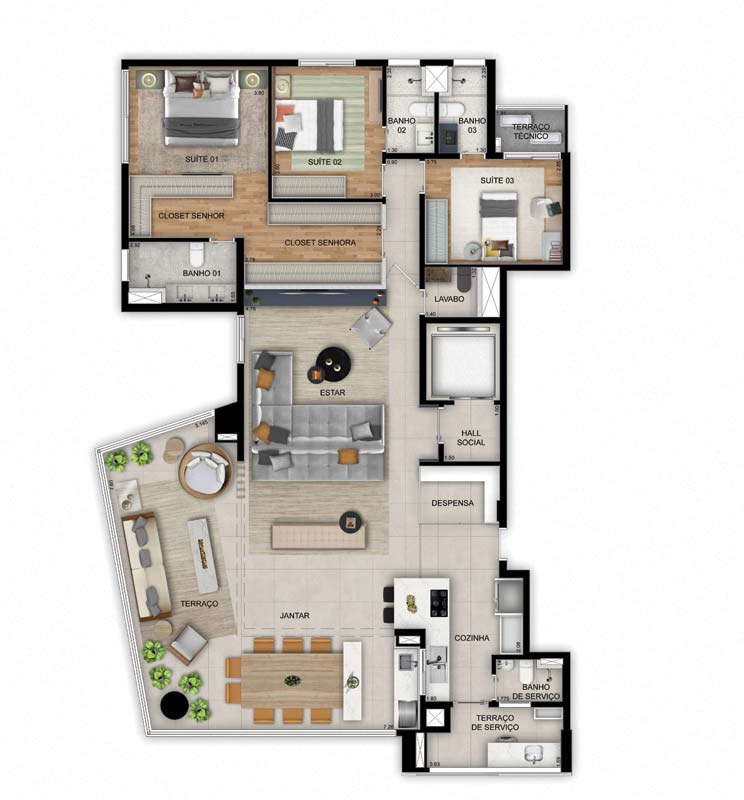 Planta tipo apartamento 195m² com 3 suítes e sala ampliada - 3 vagas demarcadas - Harmonia da Vila